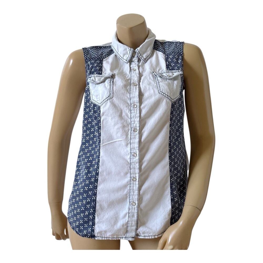 Mossimo Supply Co Snap Front Shirt Womens L Navy Polka Dot Sleeveless Western